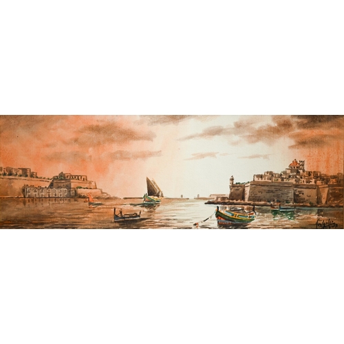 364 - # Galio - 'Malta', Valetta harbour, watercolour, signed, 18.5 x 54 cm