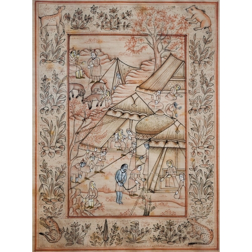 365 - A set of six Moghul watercolours on silk with body colour details, depicting narrative scenes, 20 x ... 