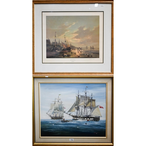 367 - # Five various pictures - E C Burrows - Tall ships, oil on canvas, signed, 49 x 59 cm; Terence Cuneo... 