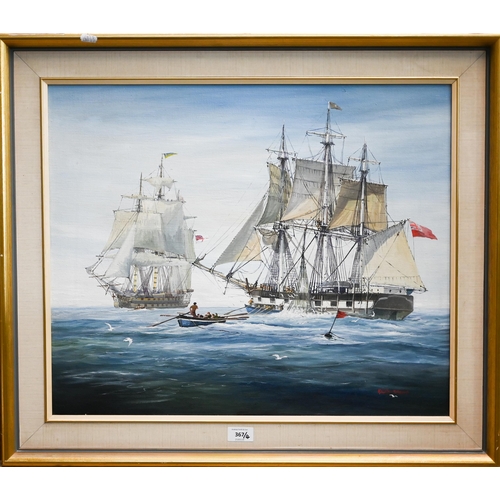 367 - # Five various pictures - E C Burrows - Tall ships, oil on canvas, signed, 49 x 59 cm; Terence Cuneo... 