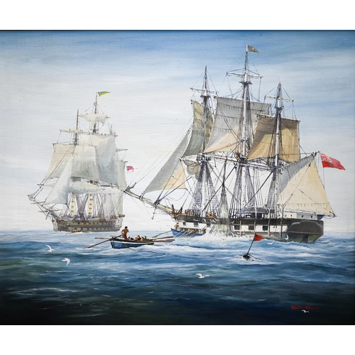 367 - # Five various pictures - E C Burrows - Tall ships, oil on canvas, signed, 49 x 59 cm; Terence Cuneo... 