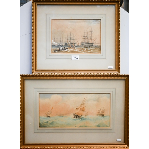 370 - Two 19th century watercolour studies of naval scenes, inscribed, 18 x 25 cm and 18 x 36 cm (2)