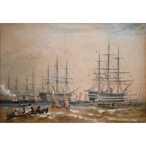 370 - Two 19th century watercolour studies of naval scenes, inscribed, 18 x 25 cm and 18 x 36 cm (2)