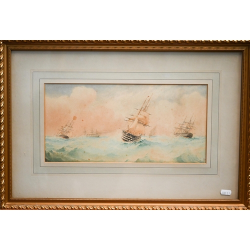 370 - Two 19th century watercolour studies of naval scenes, inscribed, 18 x 25 cm and 18 x 36 cm (2)