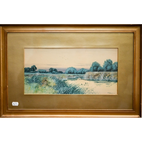 374 - # Pair of F G Fraser watercolour landscapes of rivers, signed, 18 x 36 cm to/w a G Wright watercolou... 