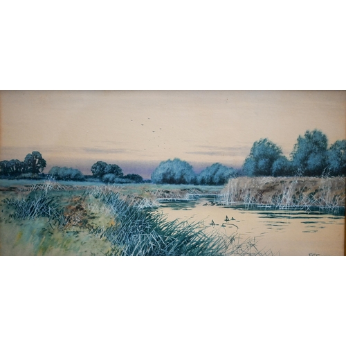 374 - # Pair of F G Fraser watercolour landscapes of rivers, signed, 18 x 36 cm to/w a G Wright watercolou... 