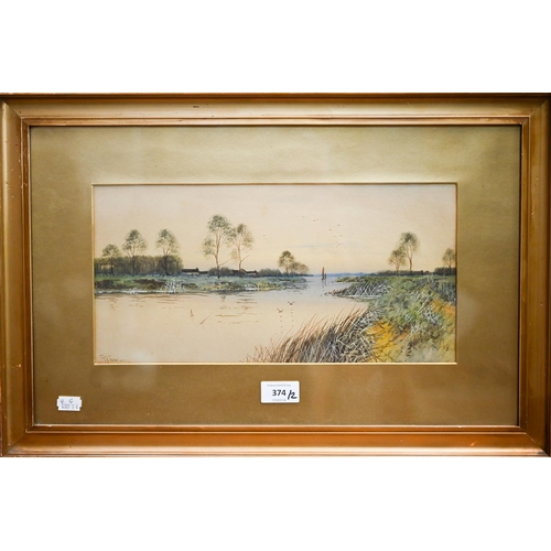 374 - # Pair of F G Fraser watercolour landscapes of rivers, signed, 18 x 36 cm to/w a G Wright watercolou... 