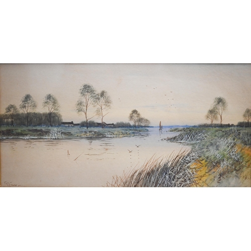 374 - # Pair of F G Fraser watercolour landscapes of rivers, signed, 18 x 36 cm to/w a G Wright watercolou... 