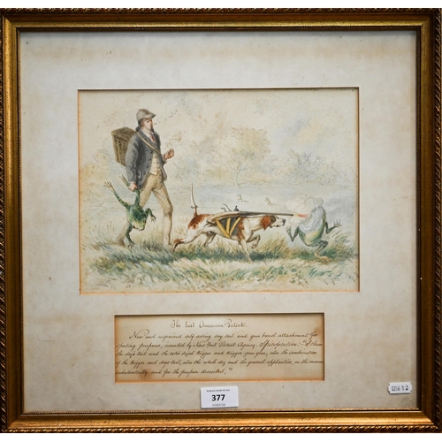 377 - # A 19th century watercolour depicting 'The last American Patent', 21 x 28 cm