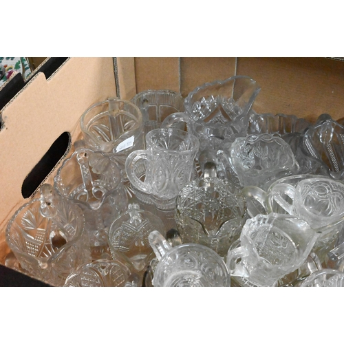 38 - # Large collection Victorian and later pressed glass jugs, etc (box)