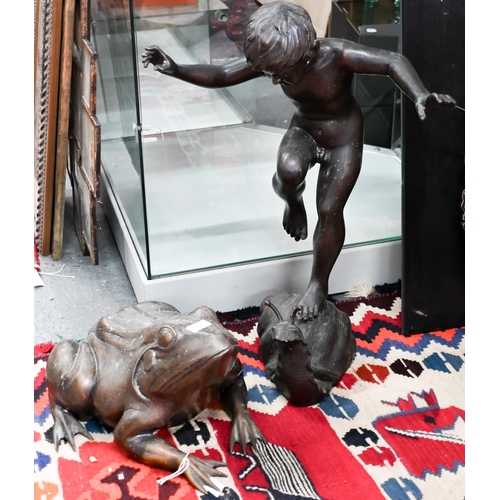 After Giovanni Cappelletti - A bronzed statue or water feature of a boy on a snail, 68 cm high to/w a bronzed frog (2)