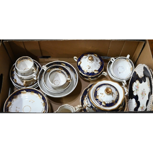 59 - An early 19th century Staffordshire china blue and gilt part tea service with vine decoration, to/w ... 