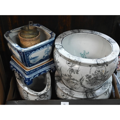 61 - A large pair of circular planters with transfer-printed decoration, to/w an oval planter to match an... 