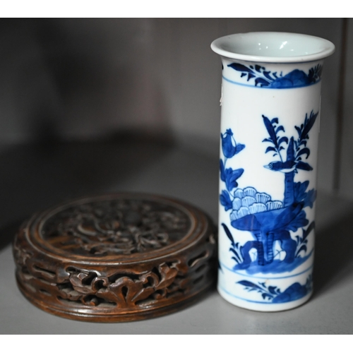 64 - A late 19th century Chinese blue and white cylindrical vase painted with rocaille decoration, to/w t... 