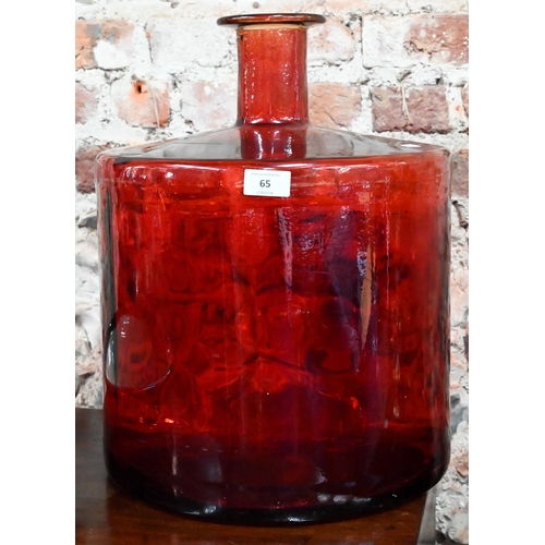 65 - A red glass cylindrical carboy, 45 cm high