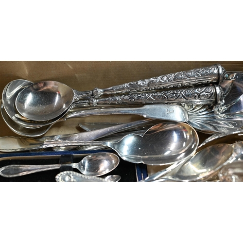 93 - A selection of epns serving spoons, ladles, teaspoons, etc (box)