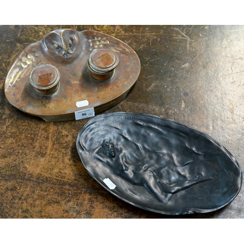 96 - An Art Deco gilt metal inkstand decorated with an owl, 28 cm wide, to/w an Art Nouveau oval dish mou... 