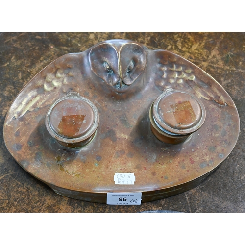 96 - An Art Deco gilt metal inkstand decorated with an owl, 28 cm wide, to/w an Art Nouveau oval dish mou... 