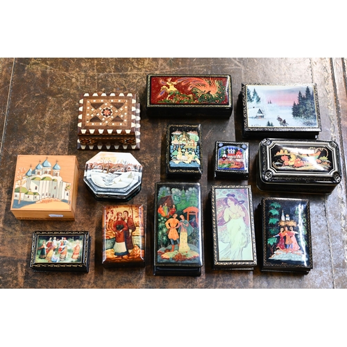 97 - Seven Russian Fedoskino-style lacquer boxes with miniature painted lids, to/w three similar boxes wi... 