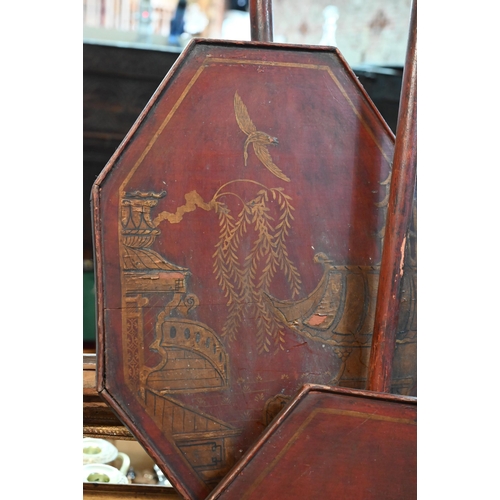 404 - A pair of Regency japanned pole screen panels (attached to part poles) to/with assorted old picture ... 