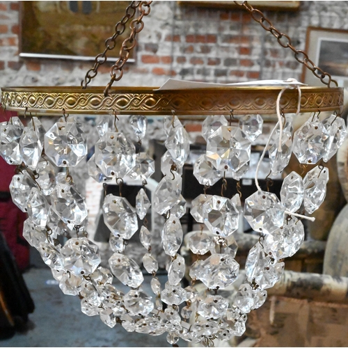 406 - Two vintage circular brass framed crystal strung ceiling light fittings, non matching and a/f