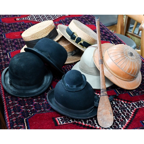 412 - Assorted vintage hats incl. bowlers, a Varian Ltd, Khartoum solar tepee, a tropical bamboo hat and t... 