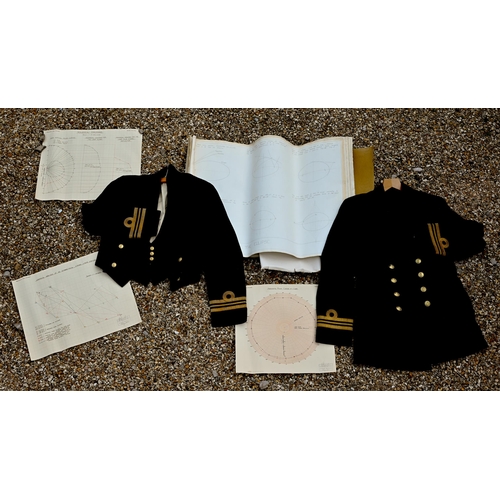 416 - Royal Navy officers uniforms incl. a great coat, tunics/trousers, waistcoats, some tailored by Gieve... 