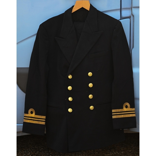 416 - Royal Navy officers uniforms incl. a great coat, tunics/trousers, waistcoats, some tailored by Gieve... 