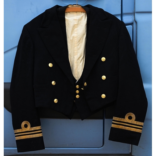 416 - Royal Navy officers uniforms incl. a great coat, tunics/trousers, waistcoats, some tailored by Gieve... 