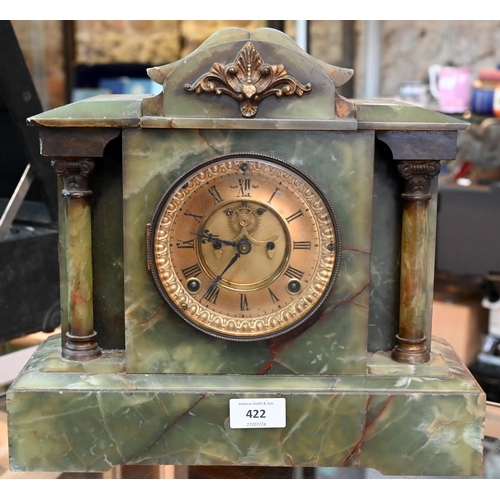 422 - # A late 19th or early 20th century Ansonia eight day mantel clock with green onyx and brass mounted... 