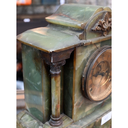 422 - # A late 19th or early 20th century Ansonia eight day mantel clock with green onyx and brass mounted... 