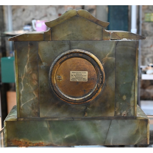 422 - # A late 19th or early 20th century Ansonia eight day mantel clock with green onyx and brass mounted... 