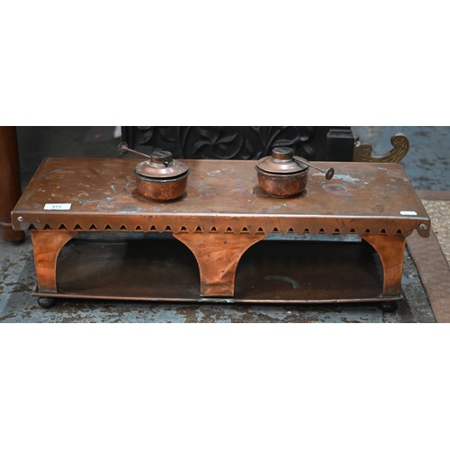 425 - # An Arts & Crafts copper food warmer with two burners and removable cover, 60 cm w