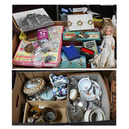 409A - Four maritime shell prints, 'apprentice' brass utensils, Poole pottery ashtray, tea cups, trinket di... 