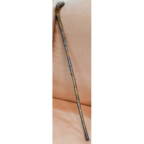 413 - An antique Welsh walking stick, the handle as a dogs head and radially carved in relief 'Whose Matth... 