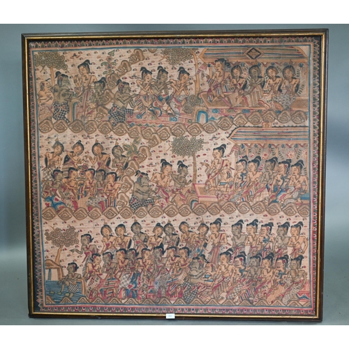 55 - A large early 20th century wayang style Balinese kamasan painting depicting a narrative scene with f... 