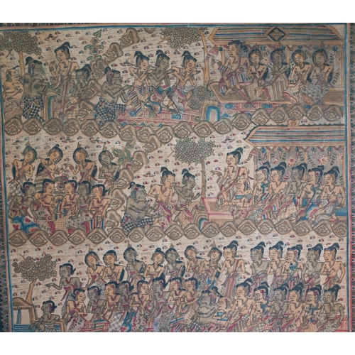 55 - A large early 20th century wayang style Balinese kamasan painting depicting a narrative scene with f... 