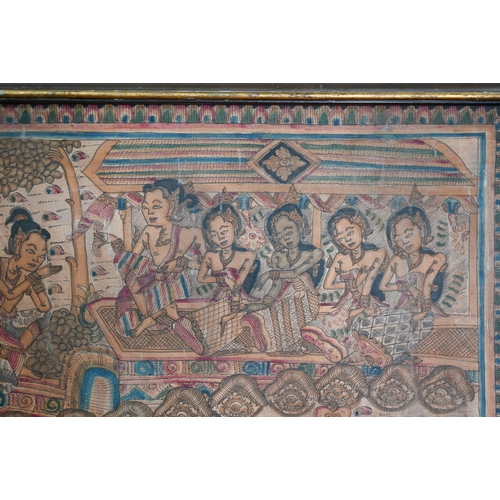 55 - A large early 20th century wayang style Balinese kamasan painting depicting a narrative scene with f... 