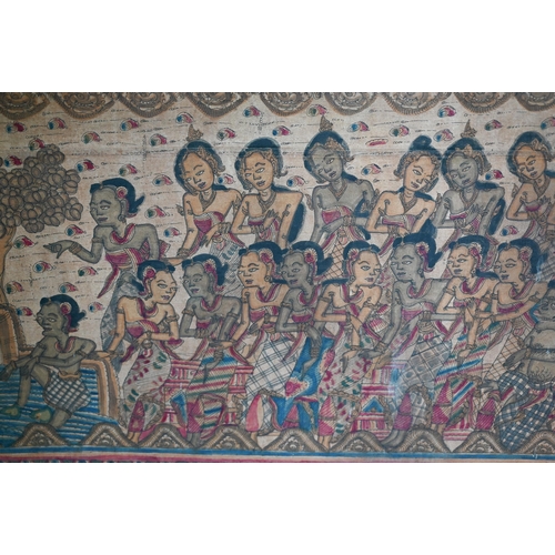 55 - A large early 20th century wayang style Balinese kamasan painting depicting a narrative scene with f... 