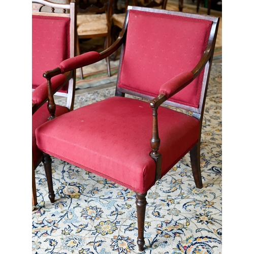 145 - # An Edwardian inlaid rosewood salon chair with crimson upholstery to/w a similarly upholstered open... 