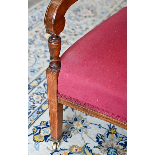 145 - # An Edwardian inlaid rosewood salon chair with crimson upholstery to/w a similarly upholstered open... 