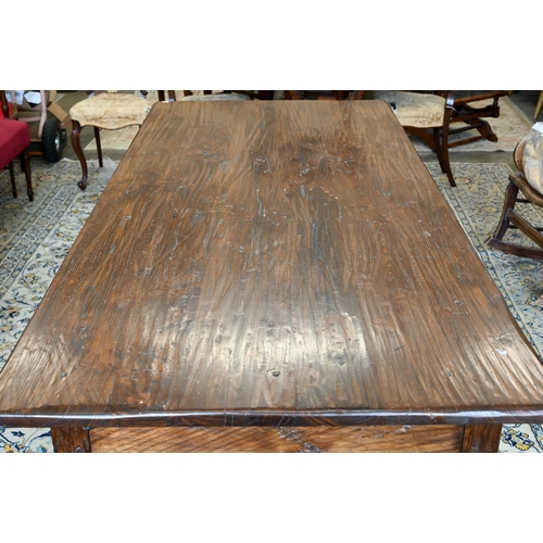 118 - An Italian provincial elm dining table (made to match previous lot), with drawer to one side, on tap... 