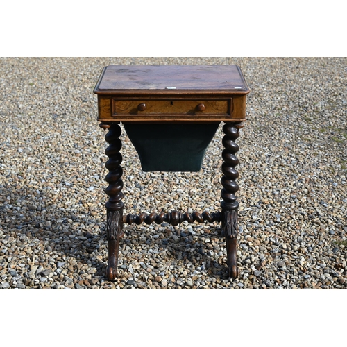 548 - # A Victorian walnut sewing table on barleytwist base with carved legs, 55 x 40 x 76 cm high