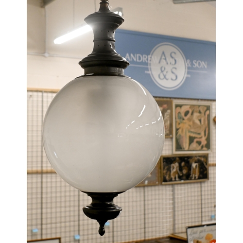 107 - A large Parisian style globe pendant ceiling light, frosted glass shade, with chain suspension, appr... 