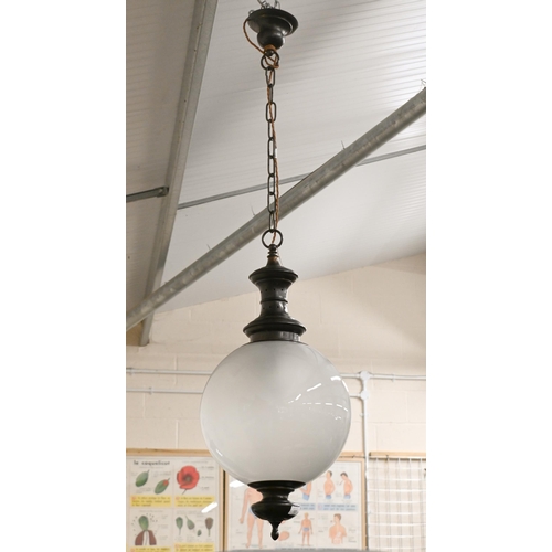 107 - A large Parisian style globe pendant ceiling light, frosted glass shade, with chain suspension, appr... 