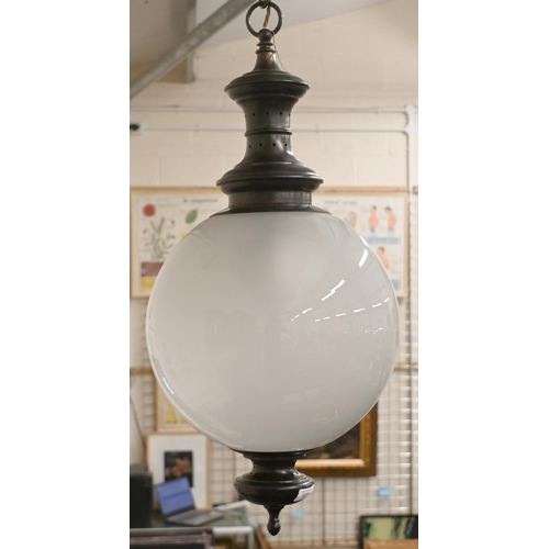 107 - A large Parisian style globe pendant ceiling light, frosted glass shade, with chain suspension, appr... 