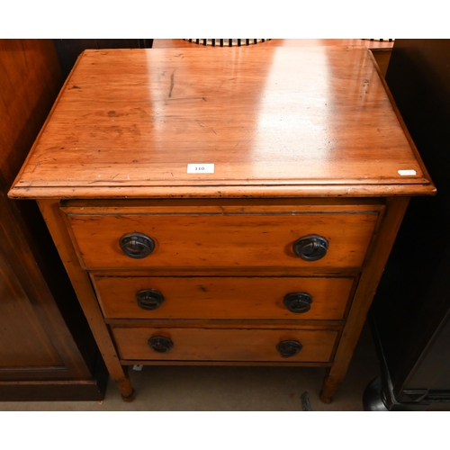 110 - An antique satin walnut three drawer chest raised on turned supports, 60 x 44 x 76 cm high