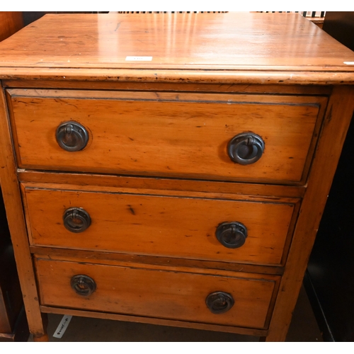 110 - An antique satin walnut three drawer chest raised on turned supports, 60 x 44 x 76 cm high