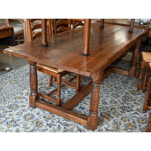 112 - An oak refectory dining table, jointed base with turned suports united by 'H' stretcher, 212 x 90 x ... 