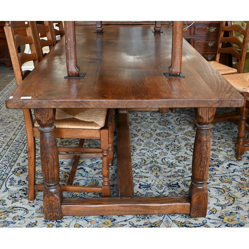 112 - An oak refectory dining table, jointed base with turned suports united by 'H' stretcher, 212 x 90 x ... 